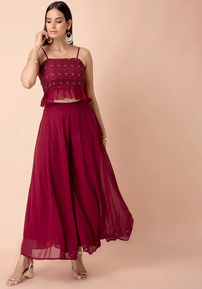 Maroon Chikankari Peplum Crop Top