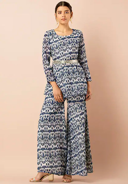 Blue Ikat Short Kurta with Attached Belt