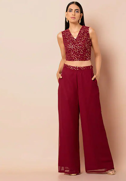 Maroon Embroidered Waist Palazzo Pants