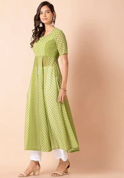 Green Floral High Slit Maxi Kurta