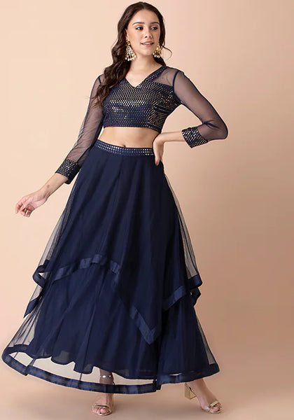 Navy Georgette Mesh Sequinned Crop Top