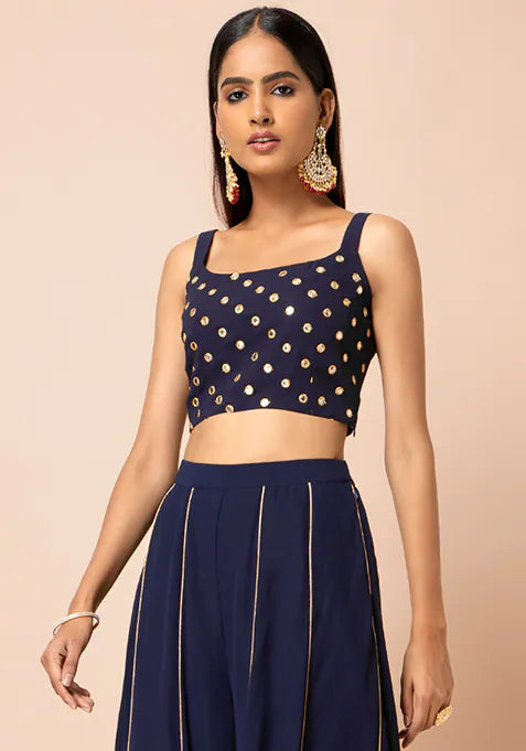 Navy Mirror Work Strap Crop Top