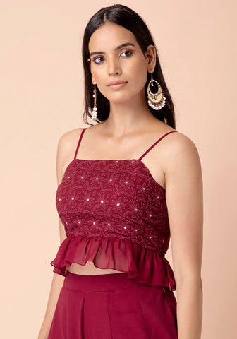 Maroon Chikankari Peplum Crop Top