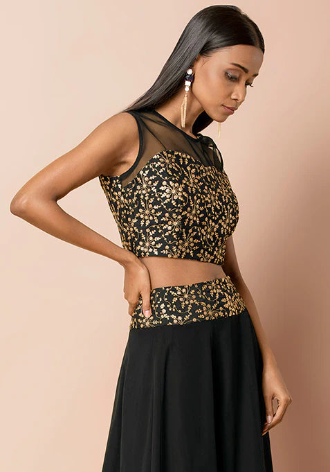 Black Zari Embroidered Crop Top