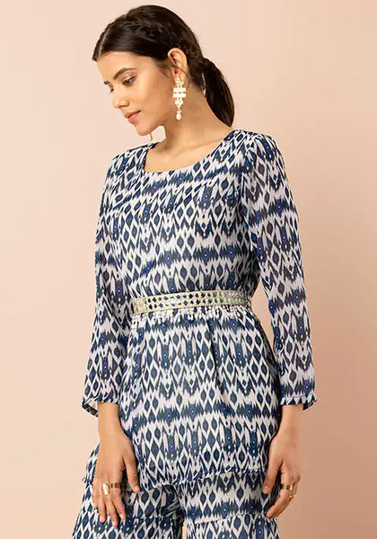 Blue Ikat Short Kurta with Attached Belt