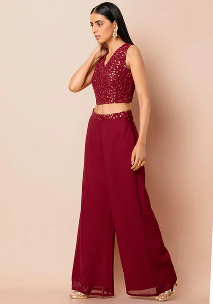 Maroon Embroidered Waist Palazzo Pants