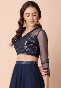 Navy Georgette Mesh Sequinned Crop Top