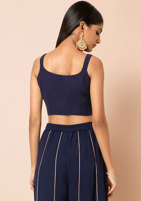 Navy Mirror Work Strap Crop Top