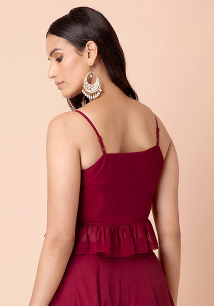 Maroon Chikankari Peplum Crop Top