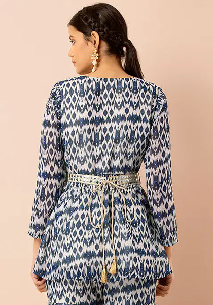 Blue Ikat Short Kurta with Attached Belt