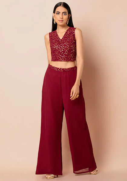 Maroon Embroidered Waist Palazzo Pants