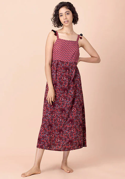 Maroon Printed Strap Maxi Dress