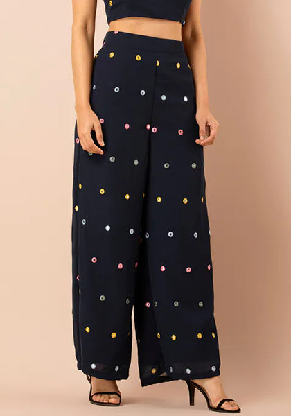 Navy Georgette Mirror Work Flared Pants