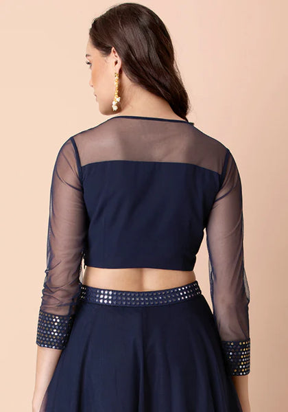 Navy Georgette Mesh Sequinned Crop Top