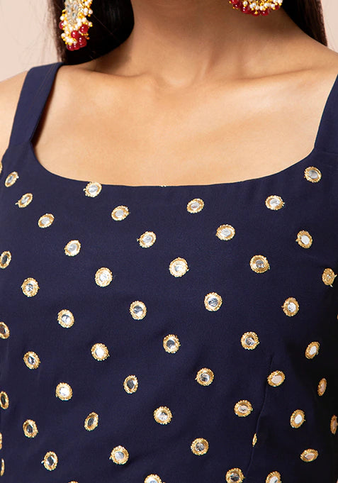 Navy Mirror Work Strap Crop Top