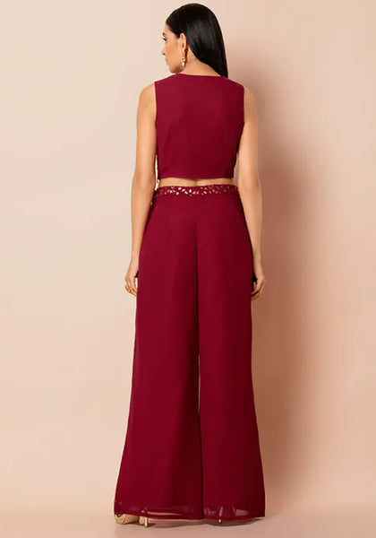 Maroon Embroidered Waist Palazzo Pants