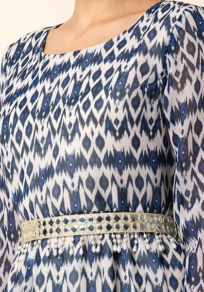 Blue Ikat Short Kurta with Attached Belt