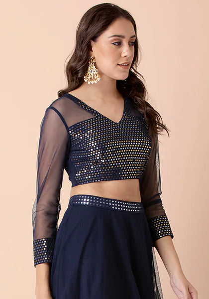 Navy Georgette Mesh Sequinned Crop Top