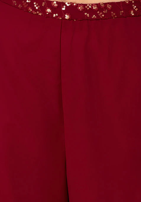 Maroon Embroidered Waist Palazzo Pants