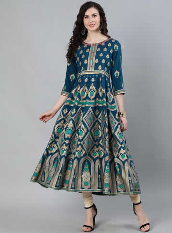 Turquoise Ethnic Motif Anarkali Dress