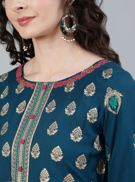 Turquoise Ethnic Motif Anarkali Dress