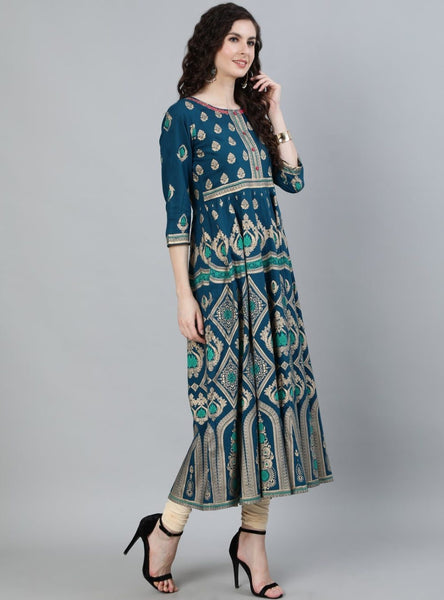 Turquoise Ethnic Motif Anarkali Dress